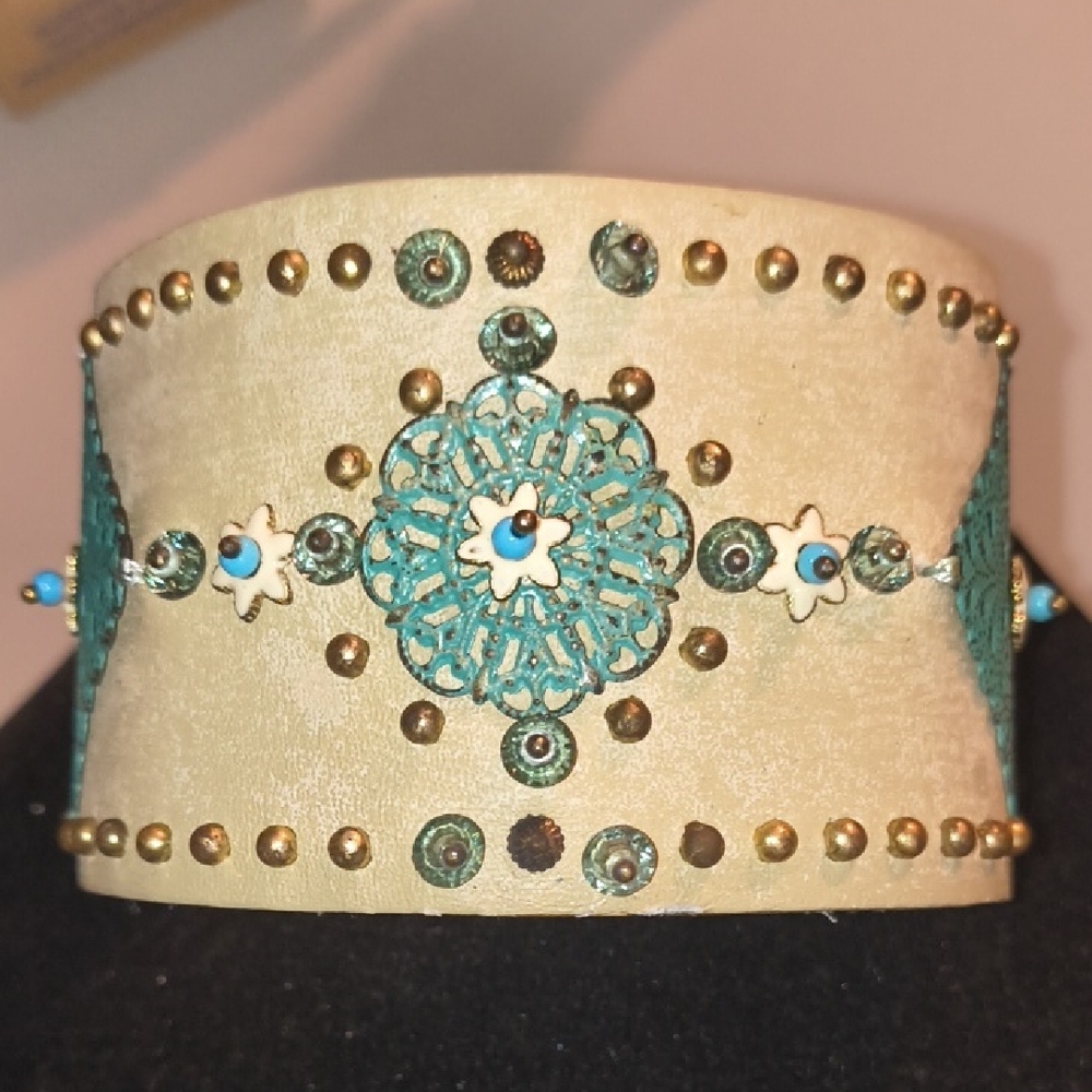 Leather Cuff Bracelet with Turquoise Colored Accents